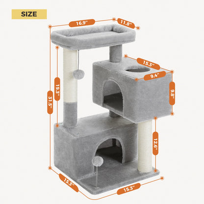 31.5" Modern Cat Tree Tower with Dual Large Condos for Kitten ＆ Medium Size Cat Gray