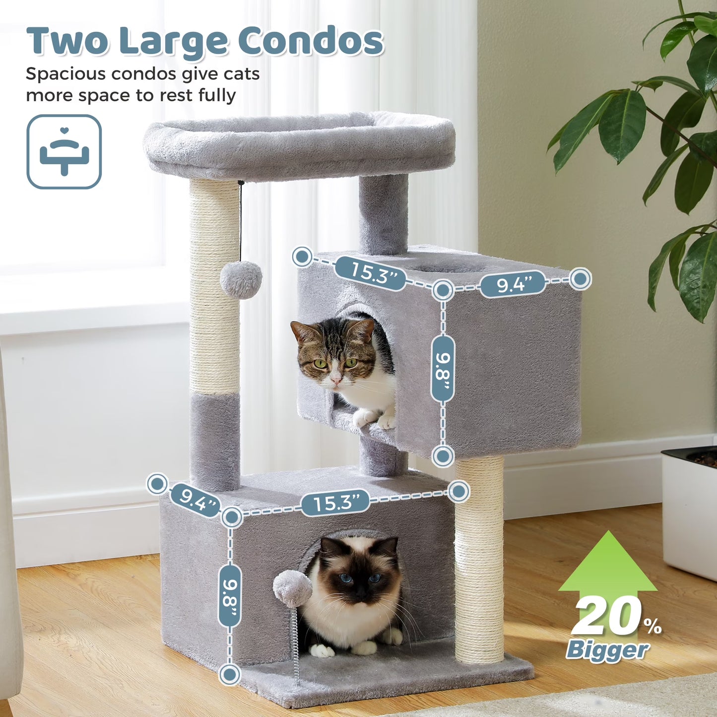 31.5" Modern Cat Tree Tower with Dual Large Condos for Kitten ＆ Medium Size Cat Gray